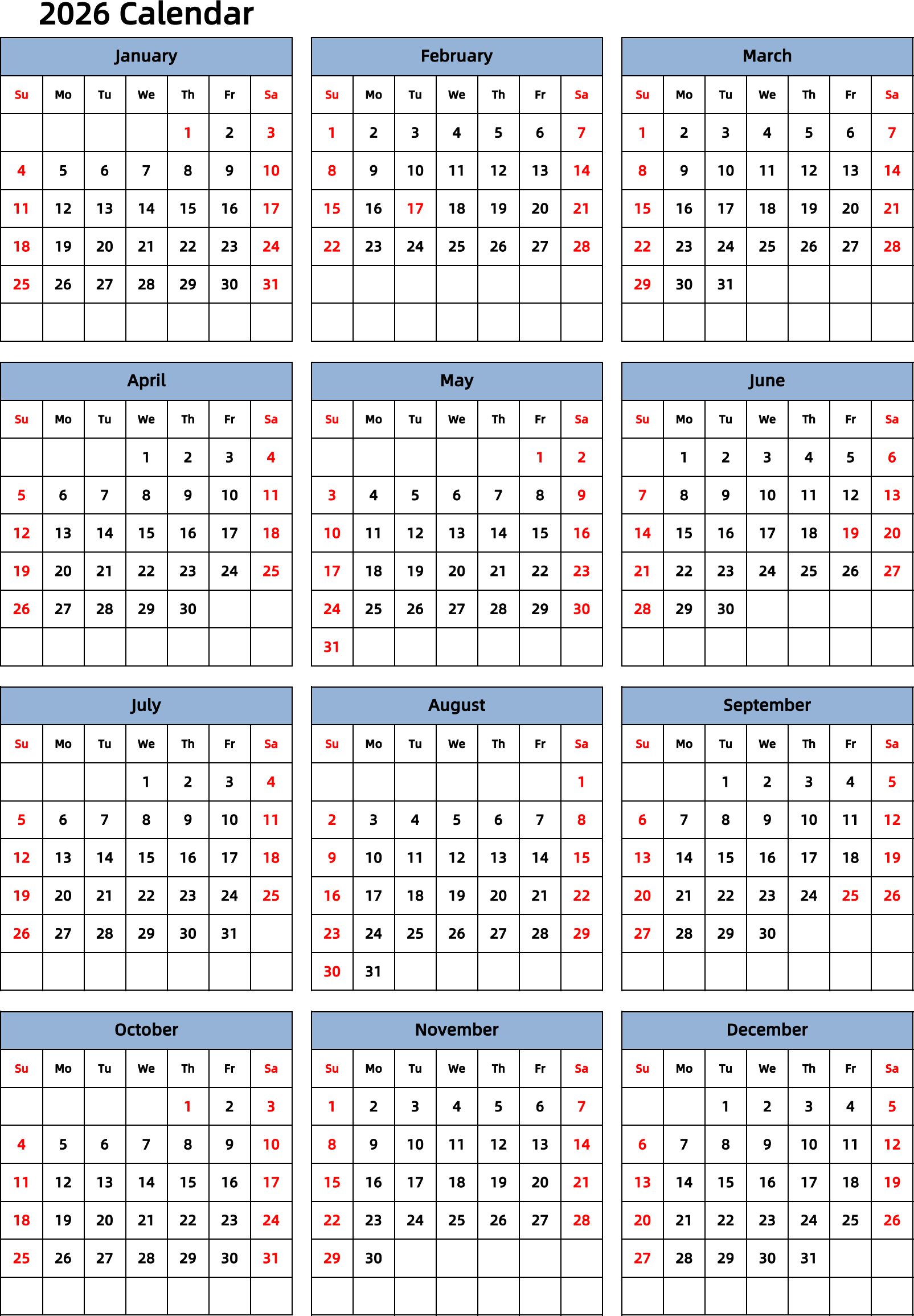 日历表2026年日历 英文版 纵向排版 周日开始 带节假日调休安排